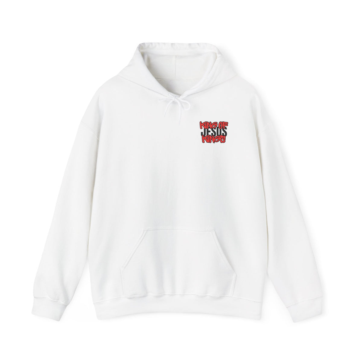 White hoodie with drawstring hood, kangaroo pocket, and small red-and-black chest graphic