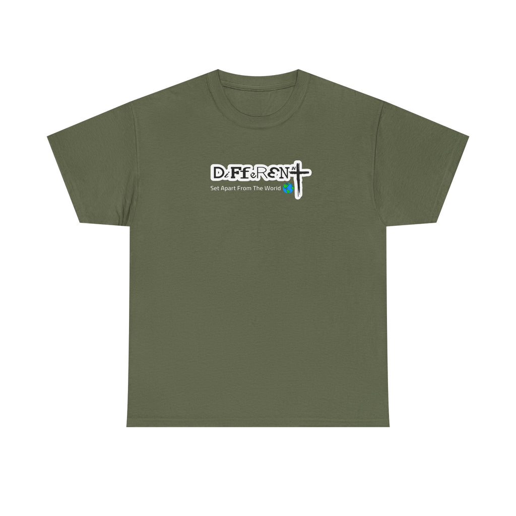 Military green crew-neck T-shirt with front logo graphic