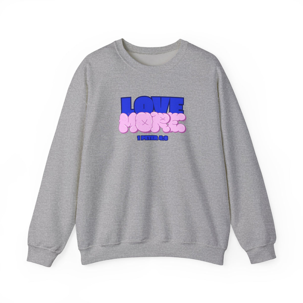 Love More sweater in sport grey, crewneck with blue LOVE graphic and pink plush-style shapes