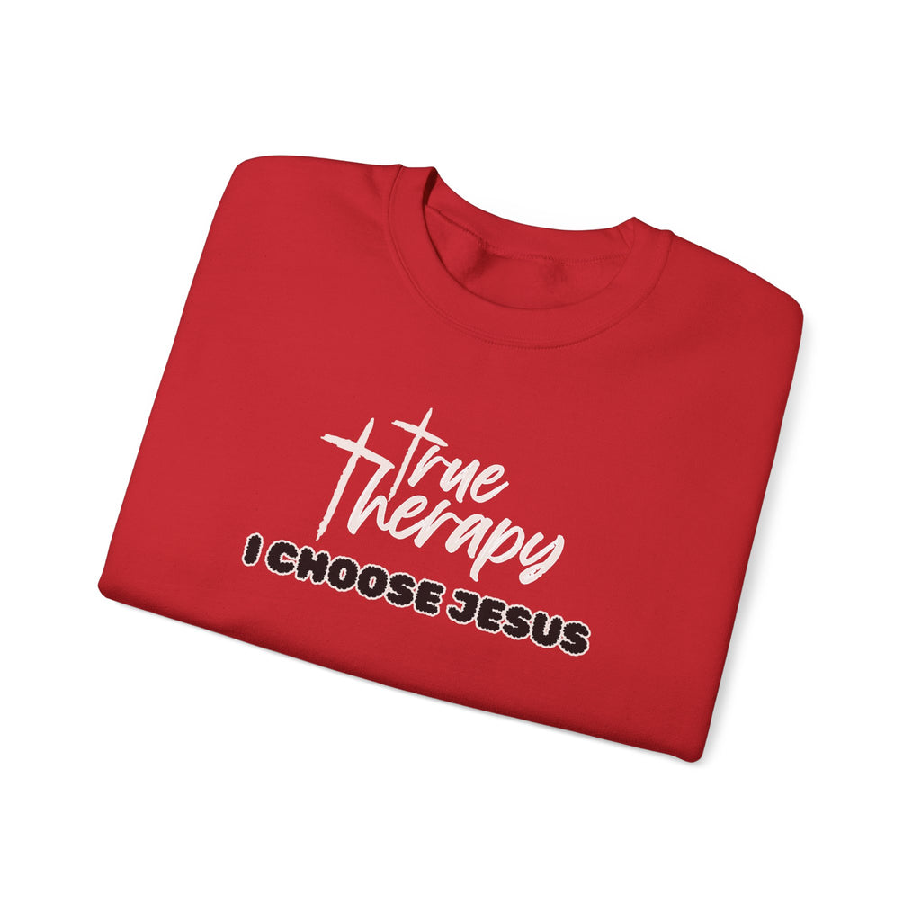 Red crewneck sweater with front graphic text 'True Therapy I choose Jesus'