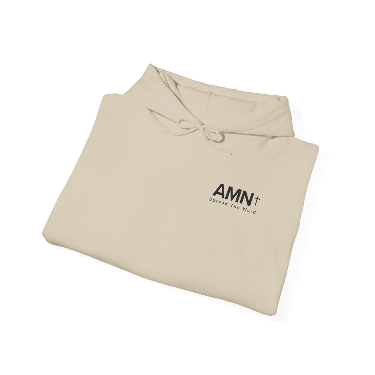 AMN+ sand folded hoodie with drawstring hood and small AMN+ logo on chest.