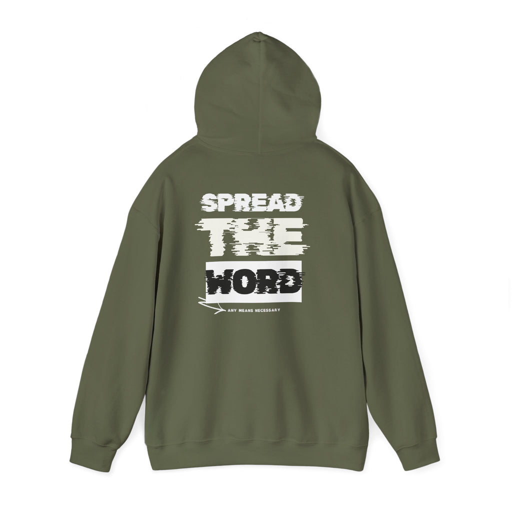 Olive green pullover hoodie with hood and large back graphic text print