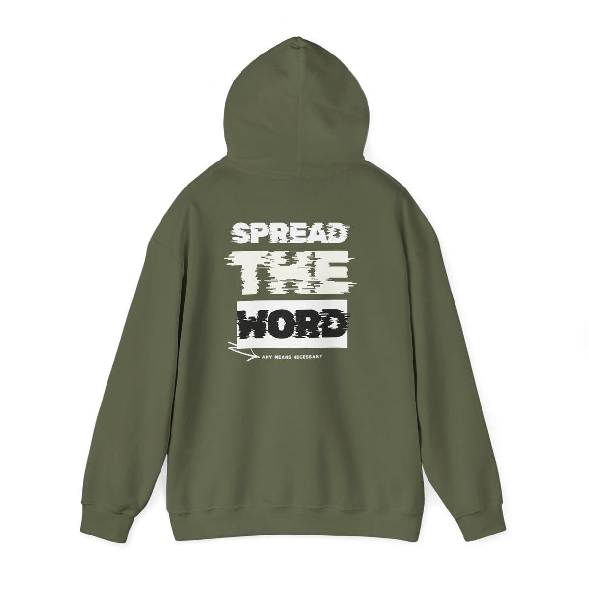Olive green pullover hoodie with hood and large back graphic text print