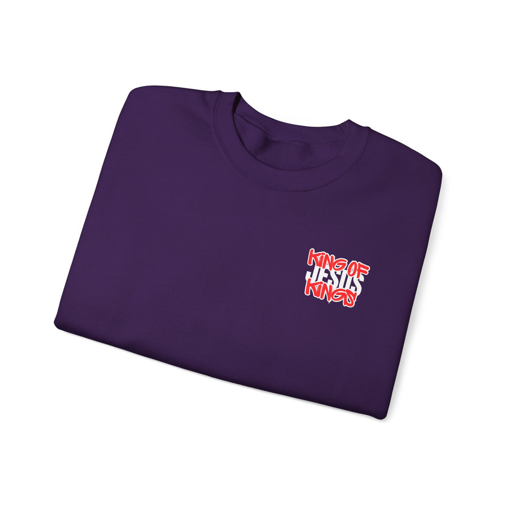 Purple crewneck sweater with small red front graphic