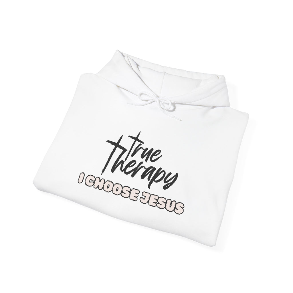 White hoodie with drawstring hood and front “The Therapy” graphic
