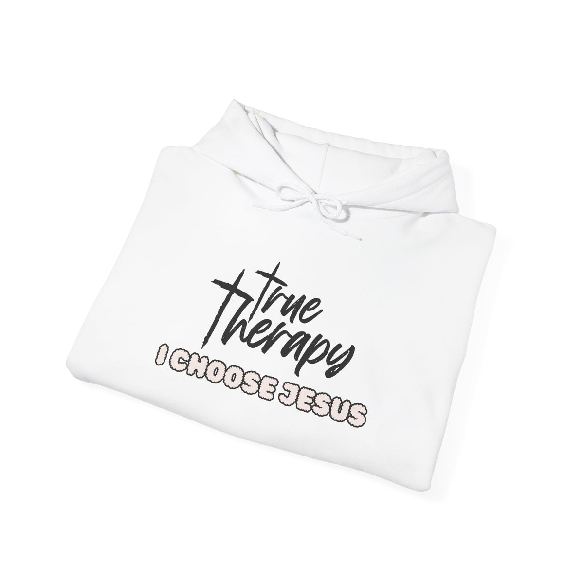 White hoodie with drawstring hood and front “The Therapy” graphic