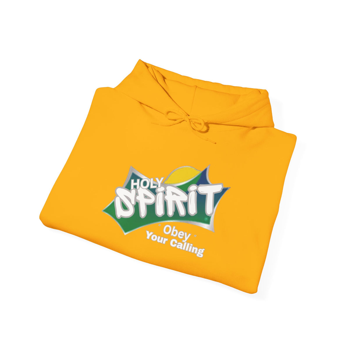 Gold pullover hoodie, laid flat, with Spirit logo and drawstring hood