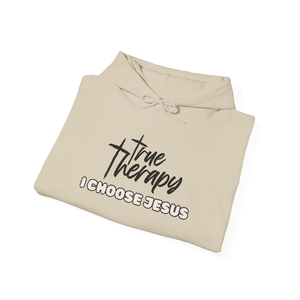 True Therapy hoodie, cream with hood, front graphic text print