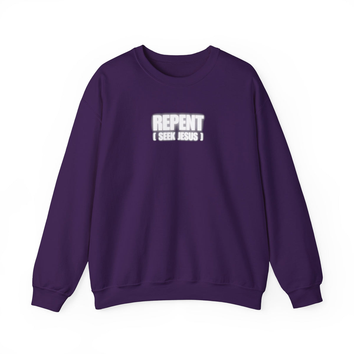 Purple crewneck sweater with REPENT graphic on the chest and ribbed cuffs