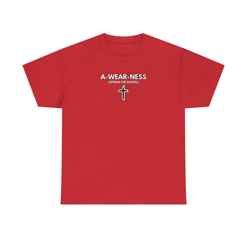 Red T-shirt with A-WEAR-NESS front print and small cross graphic at center.