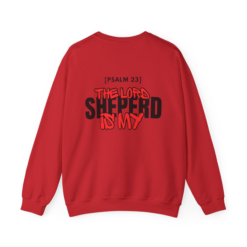 Red sweater with centered 'The Lord Shepherd is My' back graphic