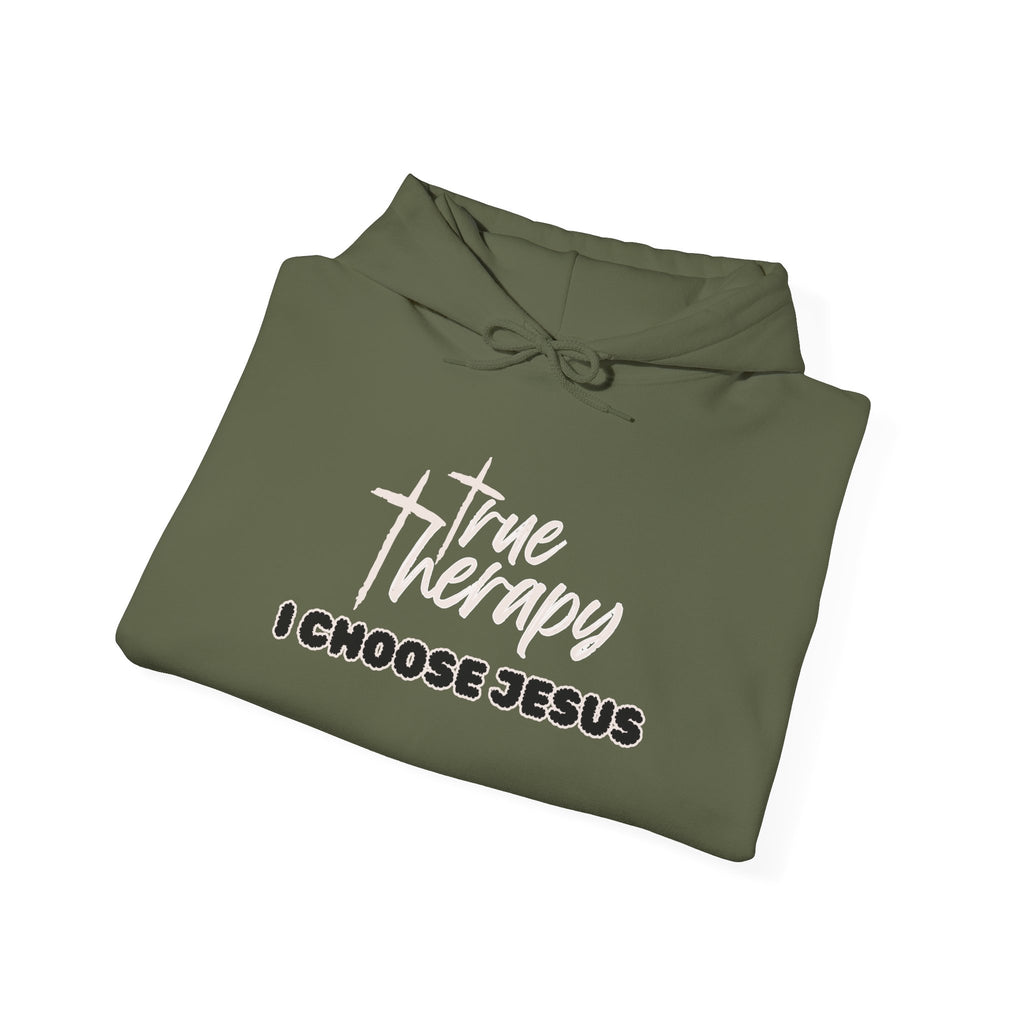 Olive green hoodie with drawstring hood and “I choose Jesus” front graphic
