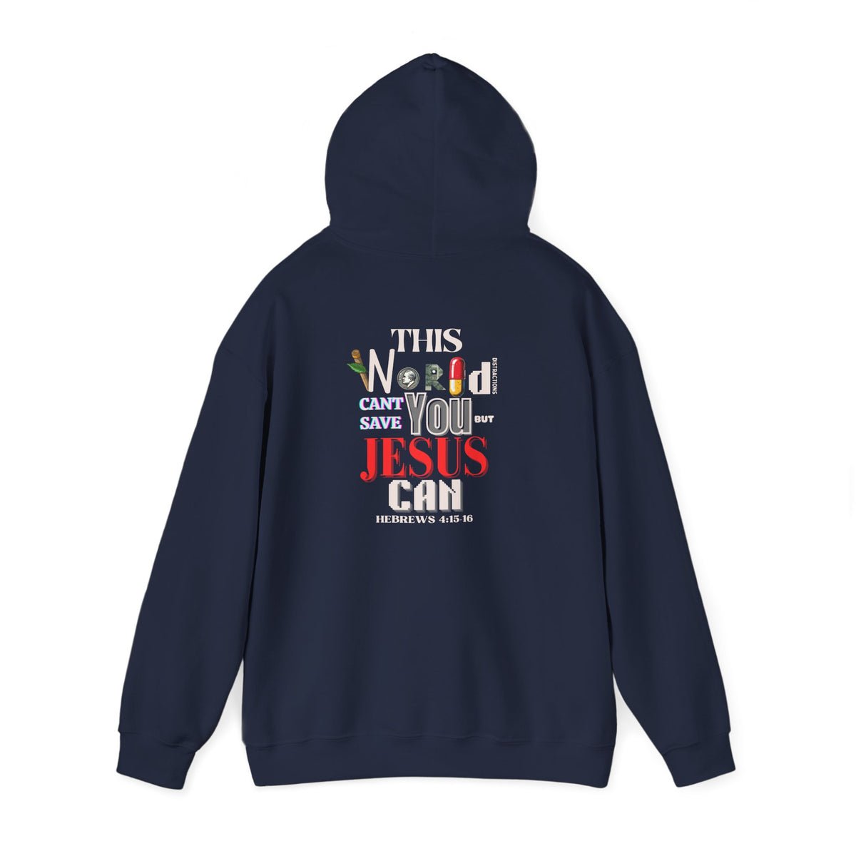 Navy hoodie with drawstring hood and large back graphic text design