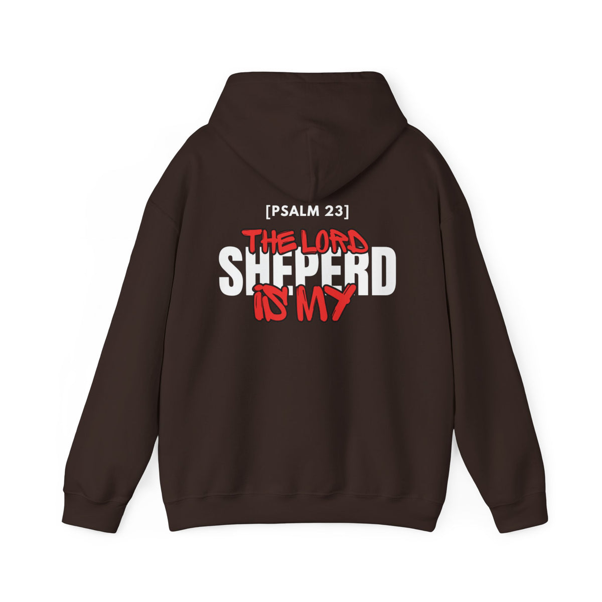 Dark hoodie with back print: '[PSALM 23] THE LORD SHEPHERD IS MY'