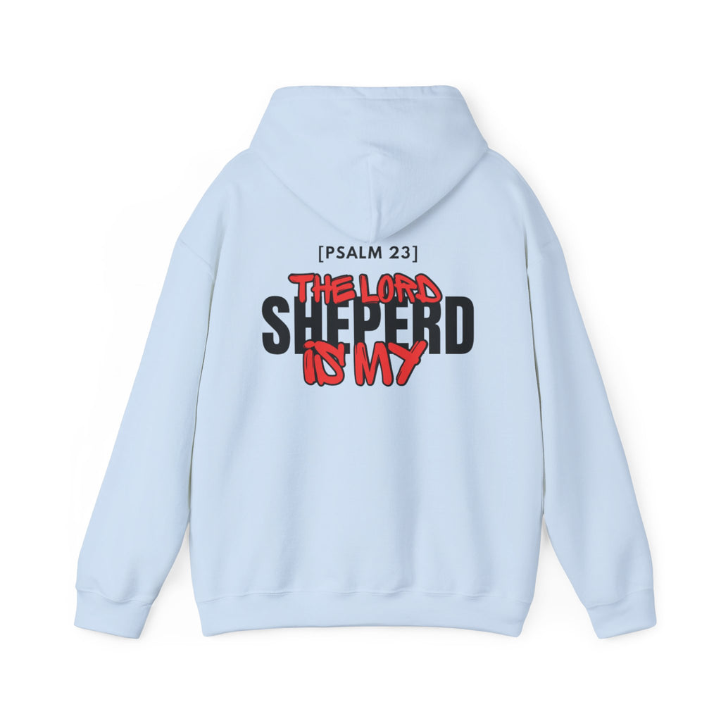 Back view light blue pullover hoodie with hood and printed chest graphic