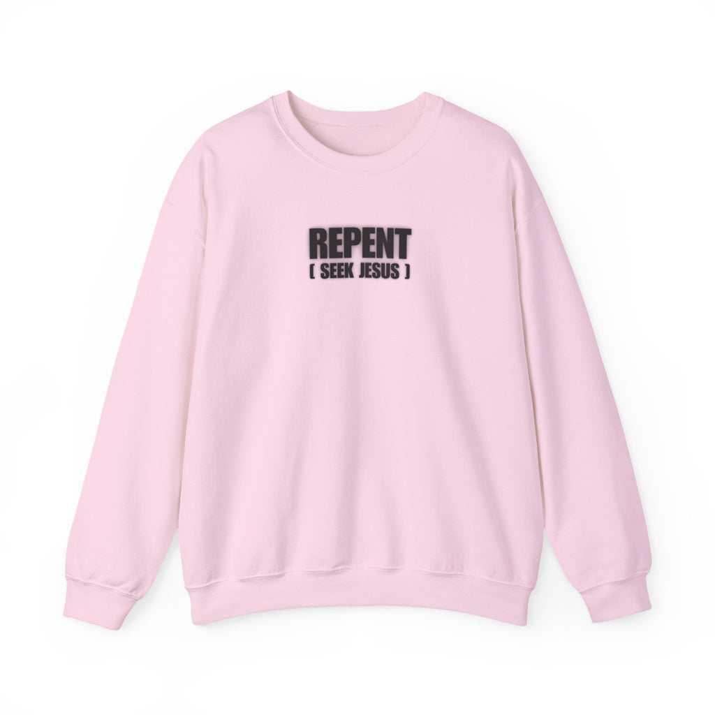 Light pink crewneck sweater with REPENT graphic on the chest and ribbed cuffs
