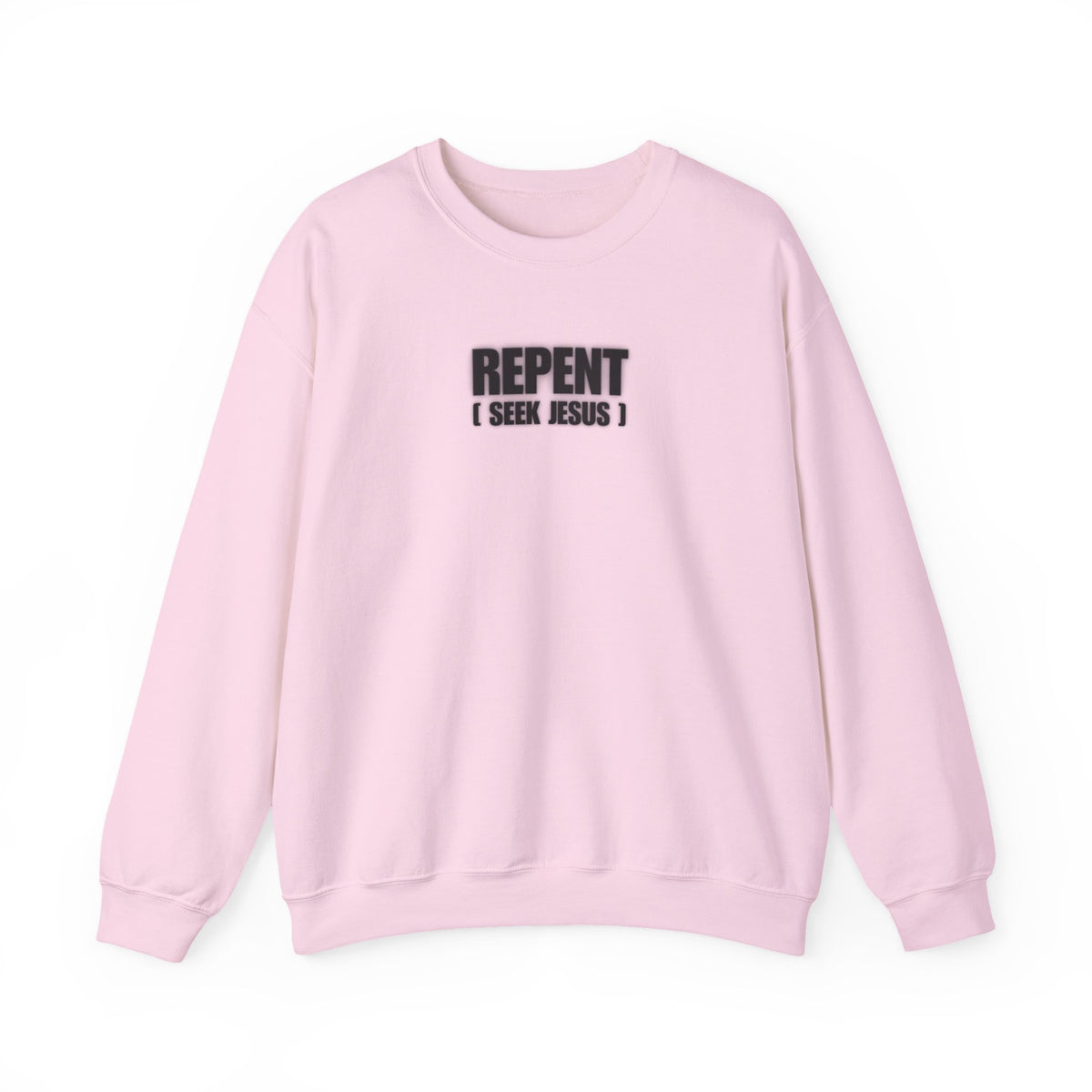 Light pink crewneck sweater with REPENT graphic on the chest and ribbed cuffs