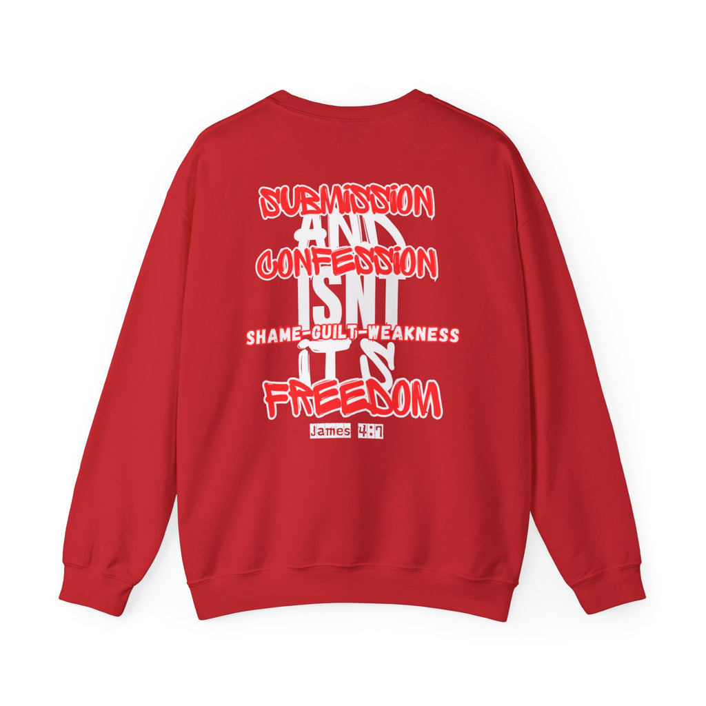 Red crewneck sweater with back typography and red word art print
