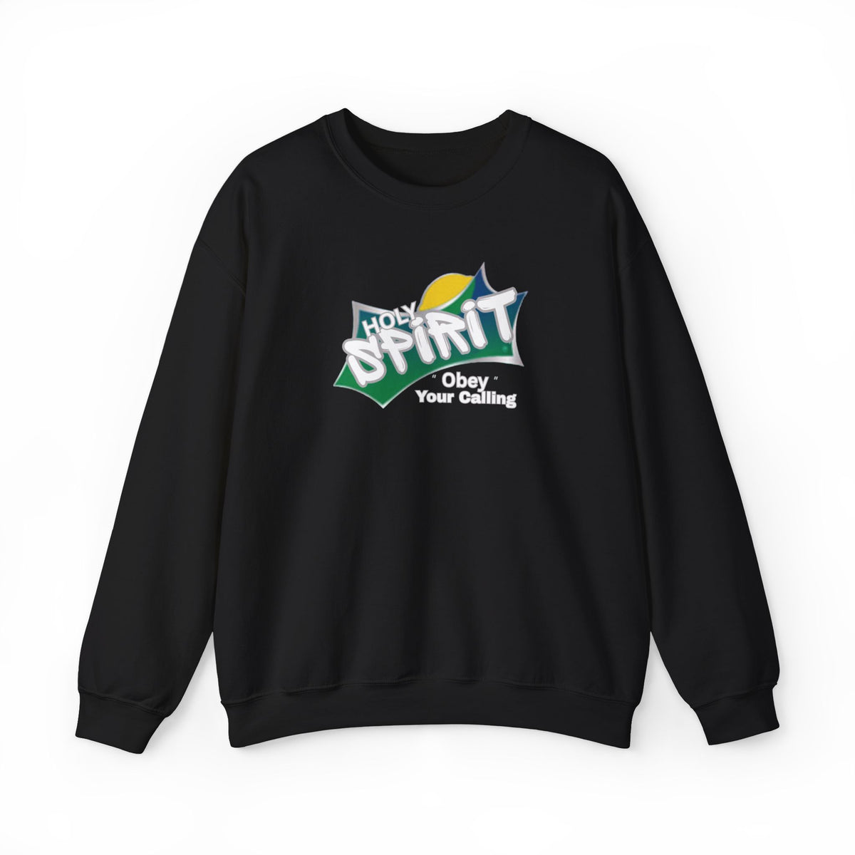 Black crewneck sweatshirt with multicolor “Holy Spirit” chest graphic