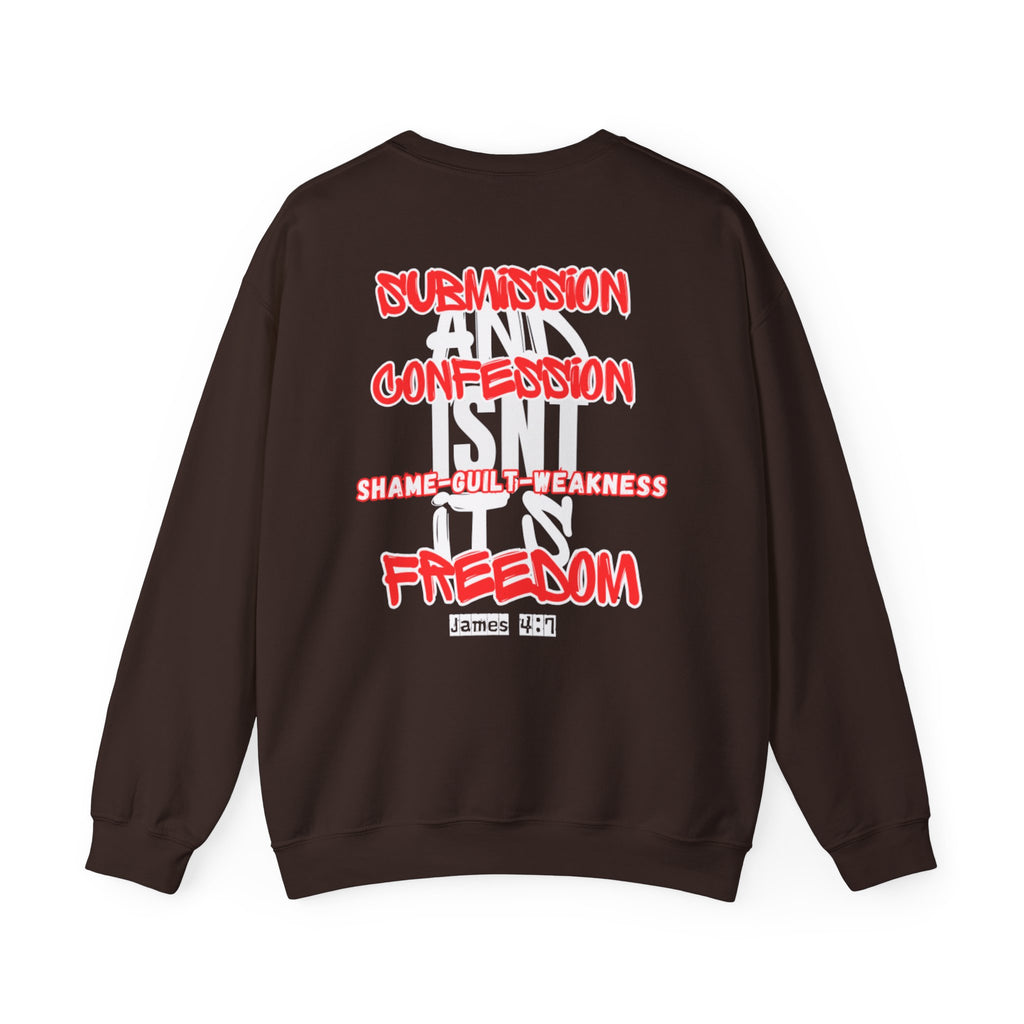Dark brown sweater with colorful back graphic and stacked text design