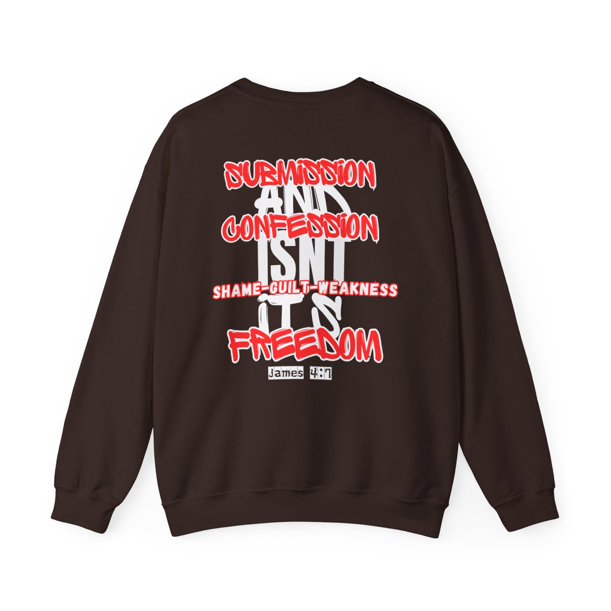 Dark brown sweater with colorful back graphic and stacked text design