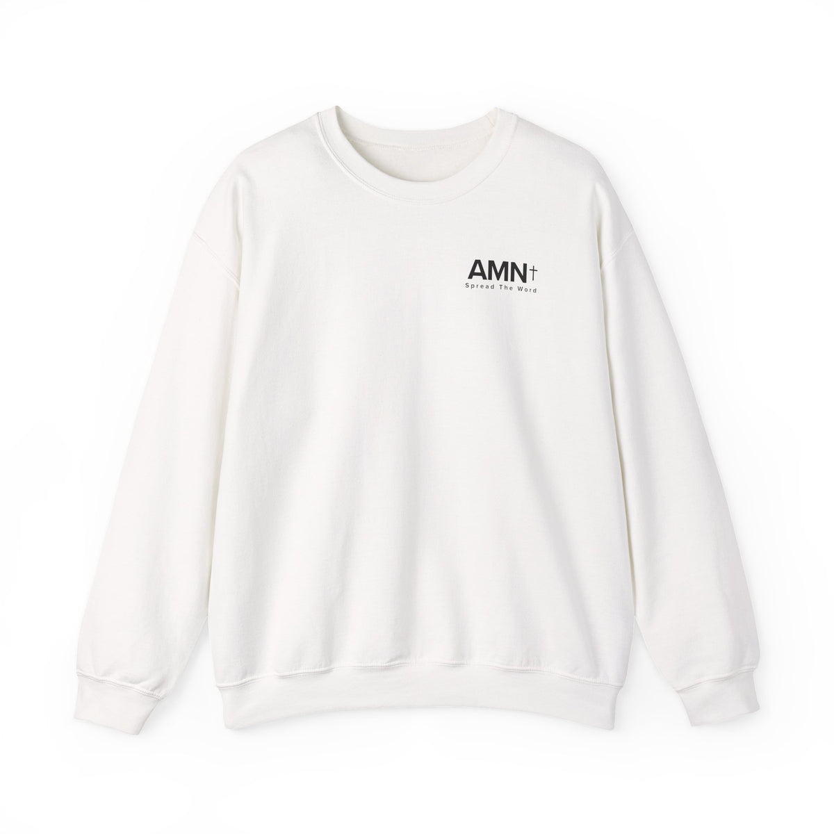 White crewneck sweater with long sleeves and AMN+ logo on chest