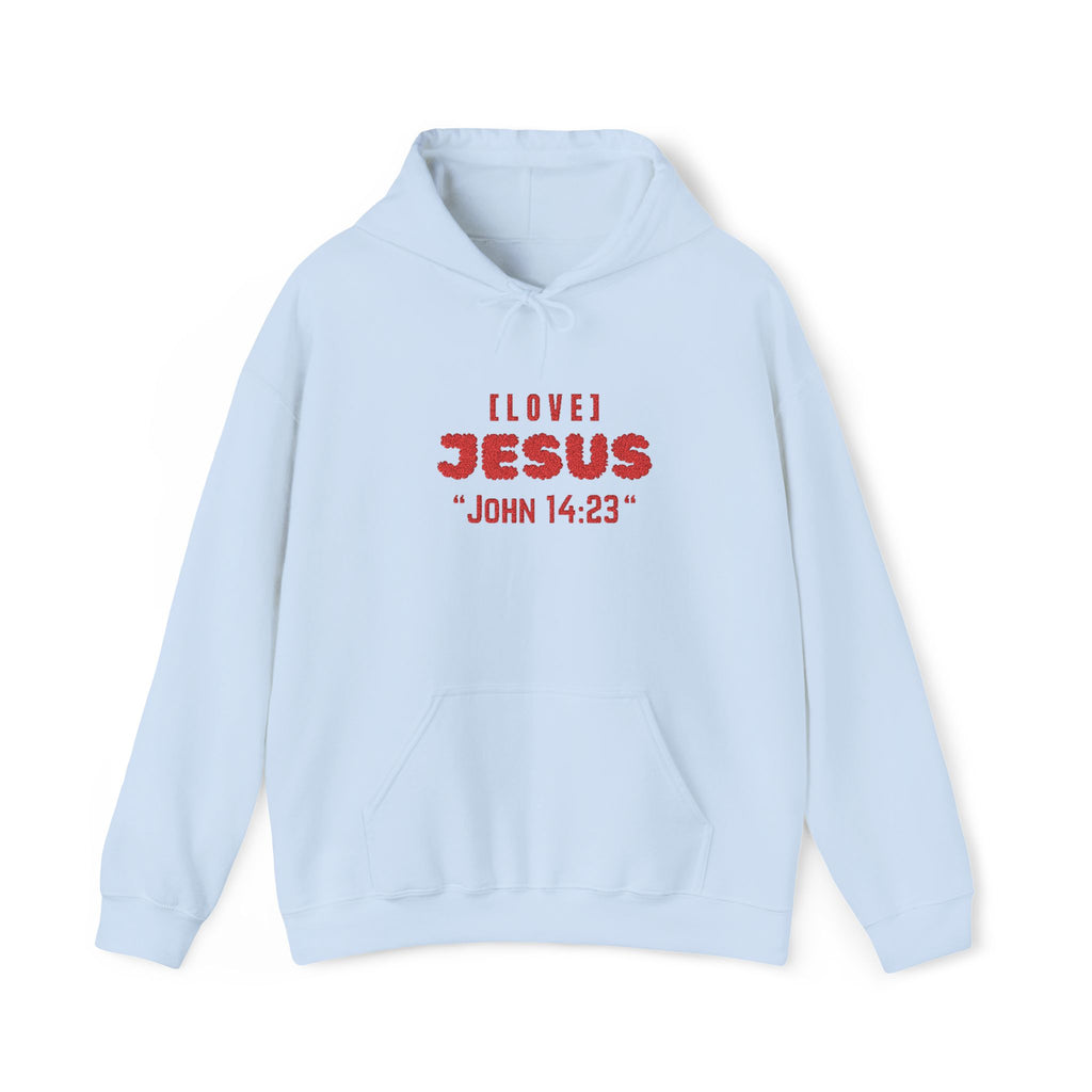 Light blue hoodie with front pocket and red 'LOVE JESUS' text