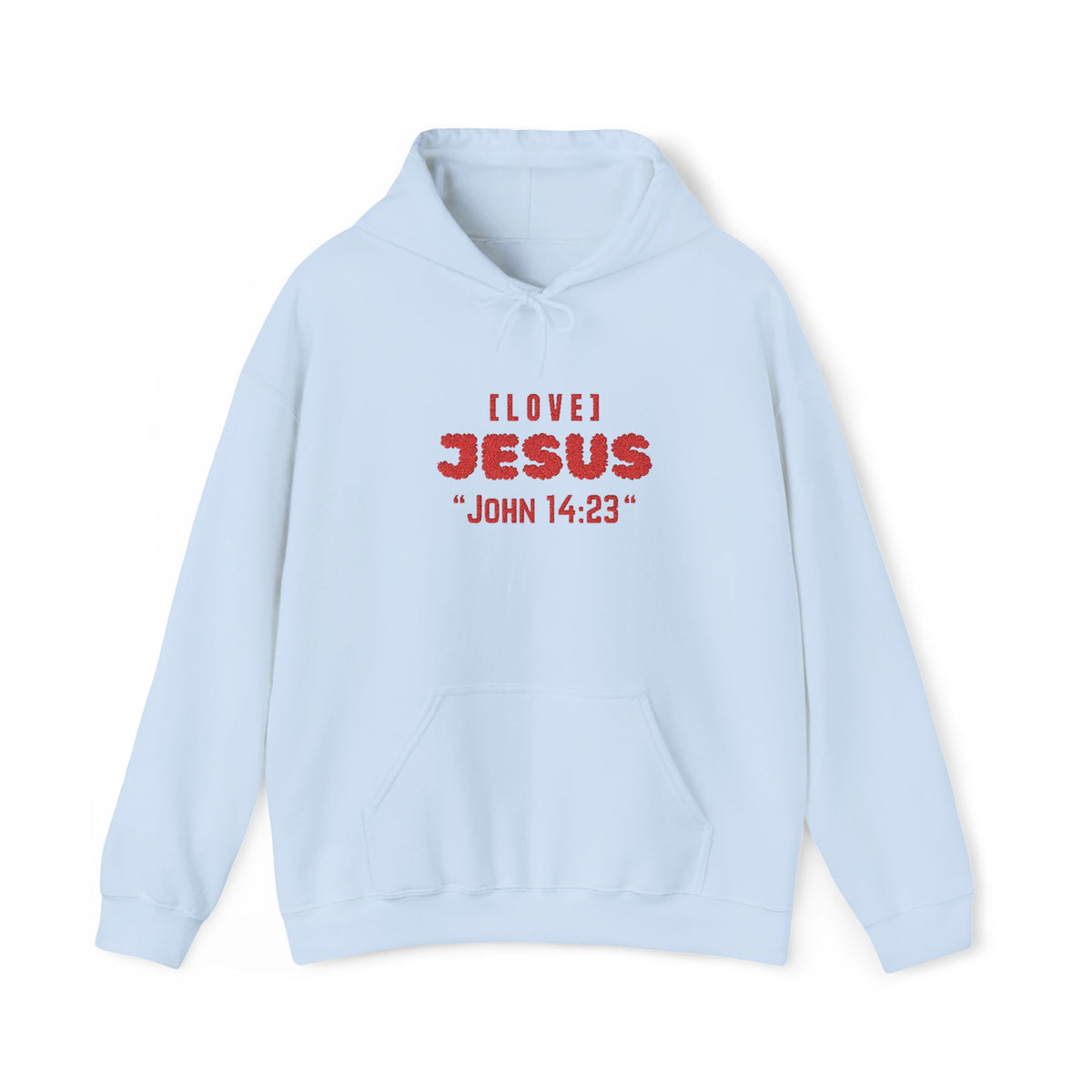 Light blue hoodie with front pocket and red 'LOVE JESUS' text