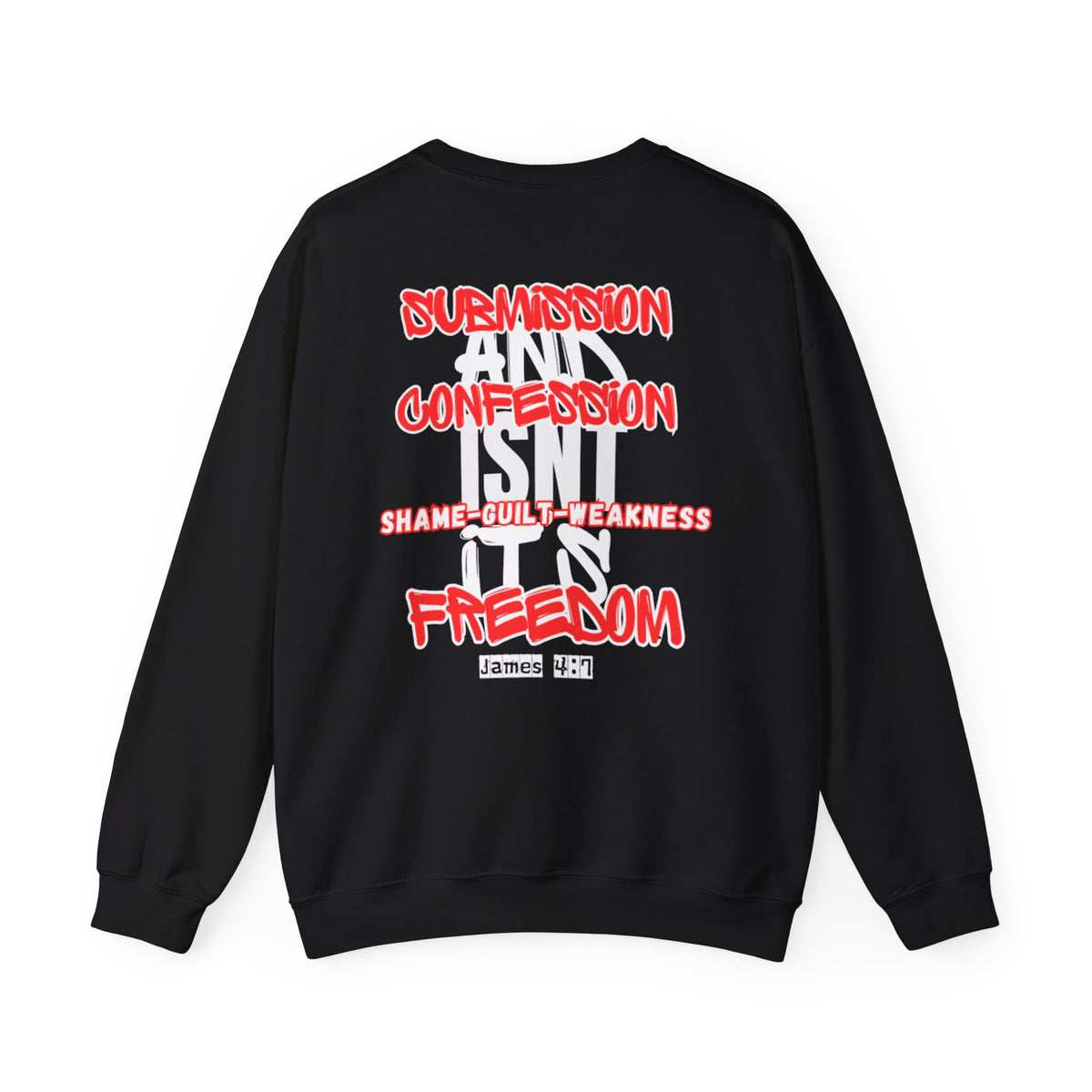 Black crewneck sweater with long sleeves and back text graphic
