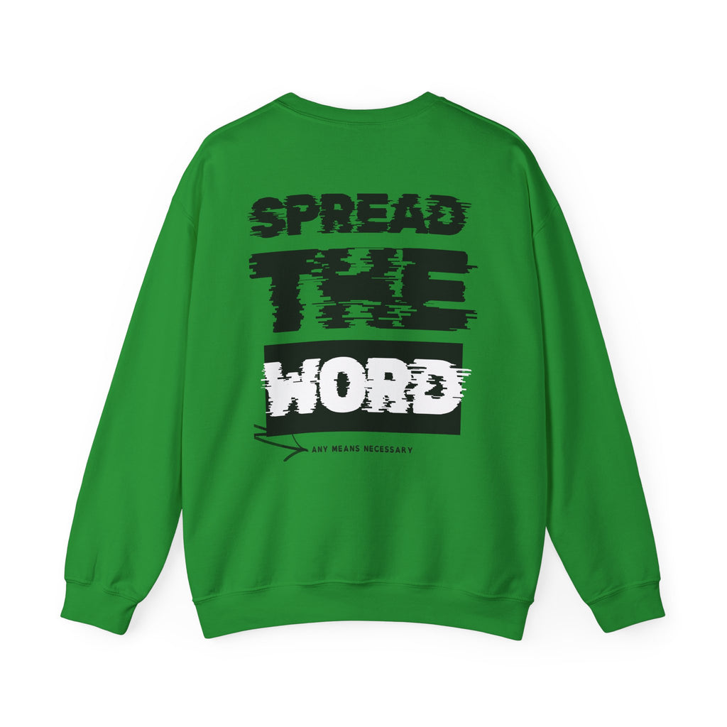 Green crewneck sweatshirt with large back graphic text