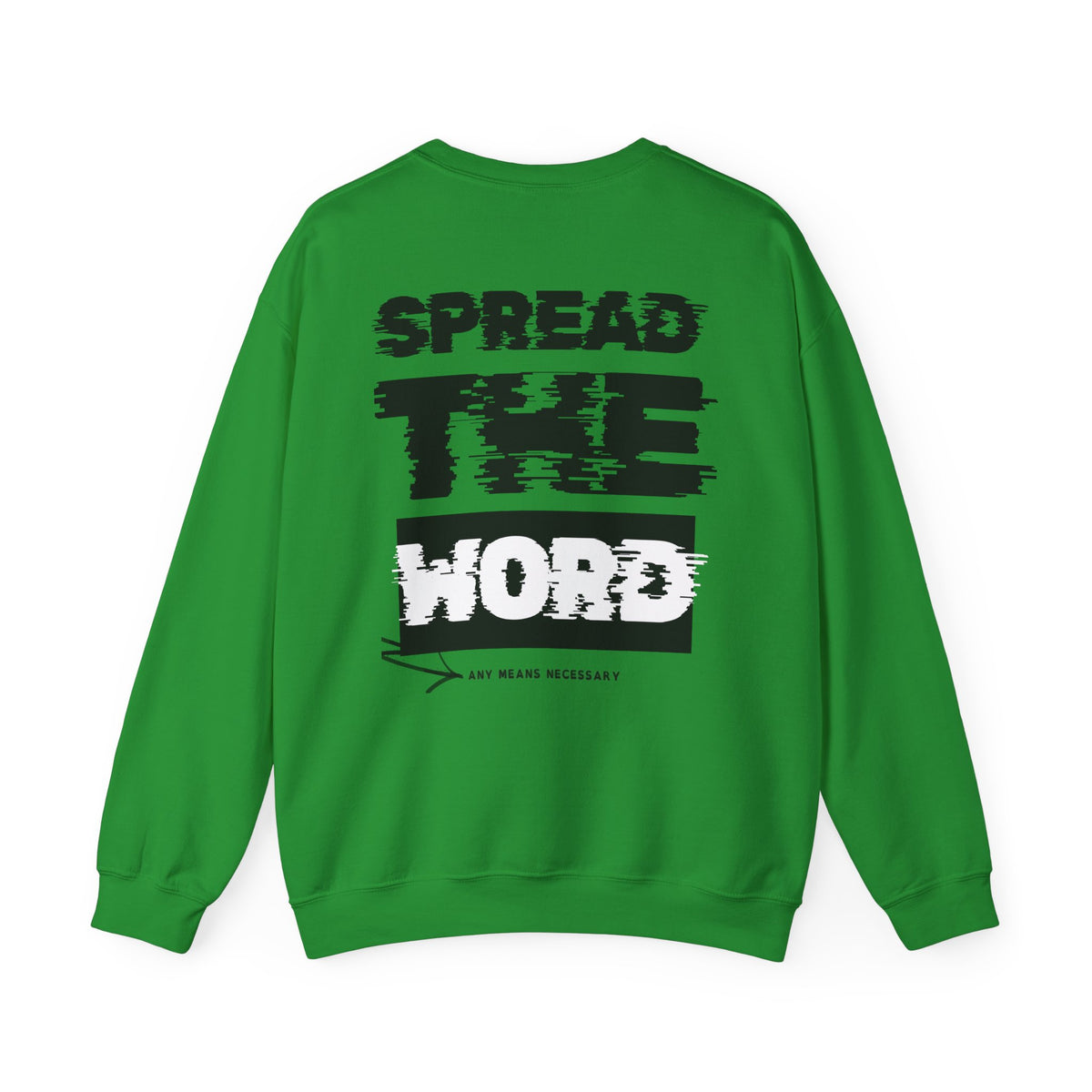 Green crewneck sweatshirt with large back graphic text