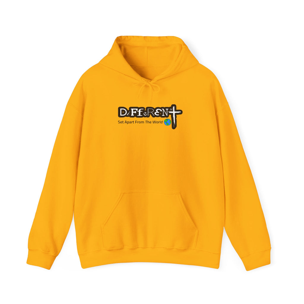 Gold orange hoodie with front hood and kangaroo pocket, logo graphic on chest