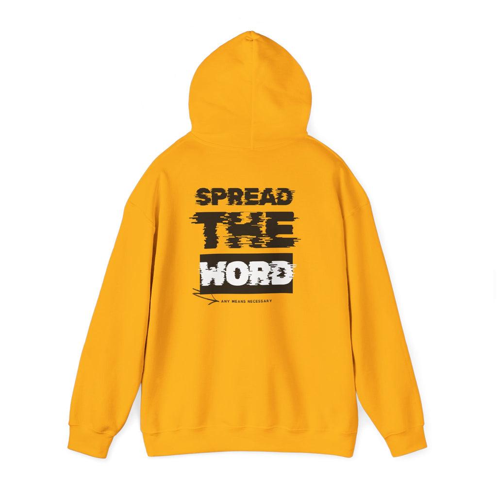Orange hoodie with hood and back graphic logo print, long sleeves and pocket.
