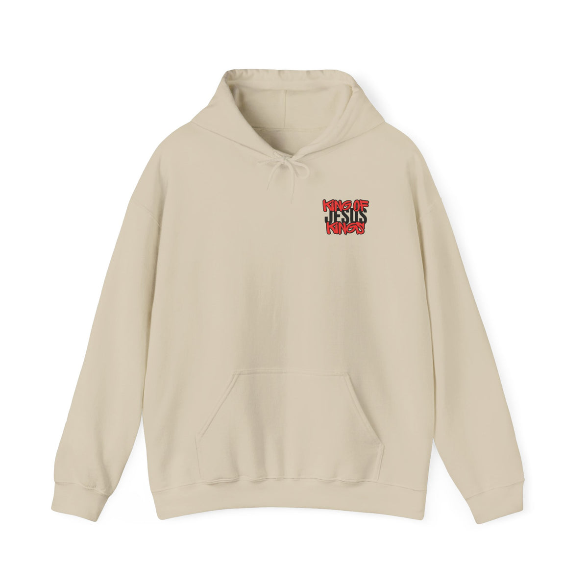 Cream hoodie with front logo graphic and drawstring hood
