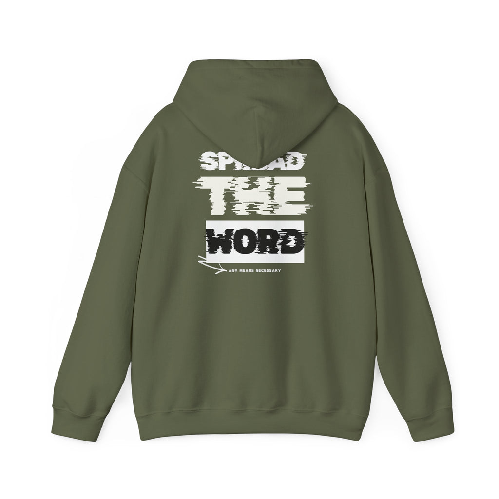Olive green pullover hoodie with hood and large front graphic text print