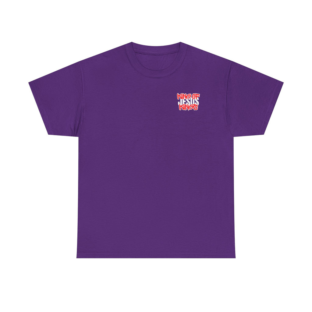 Purple T-shirt with small multicolor front chest graphic.