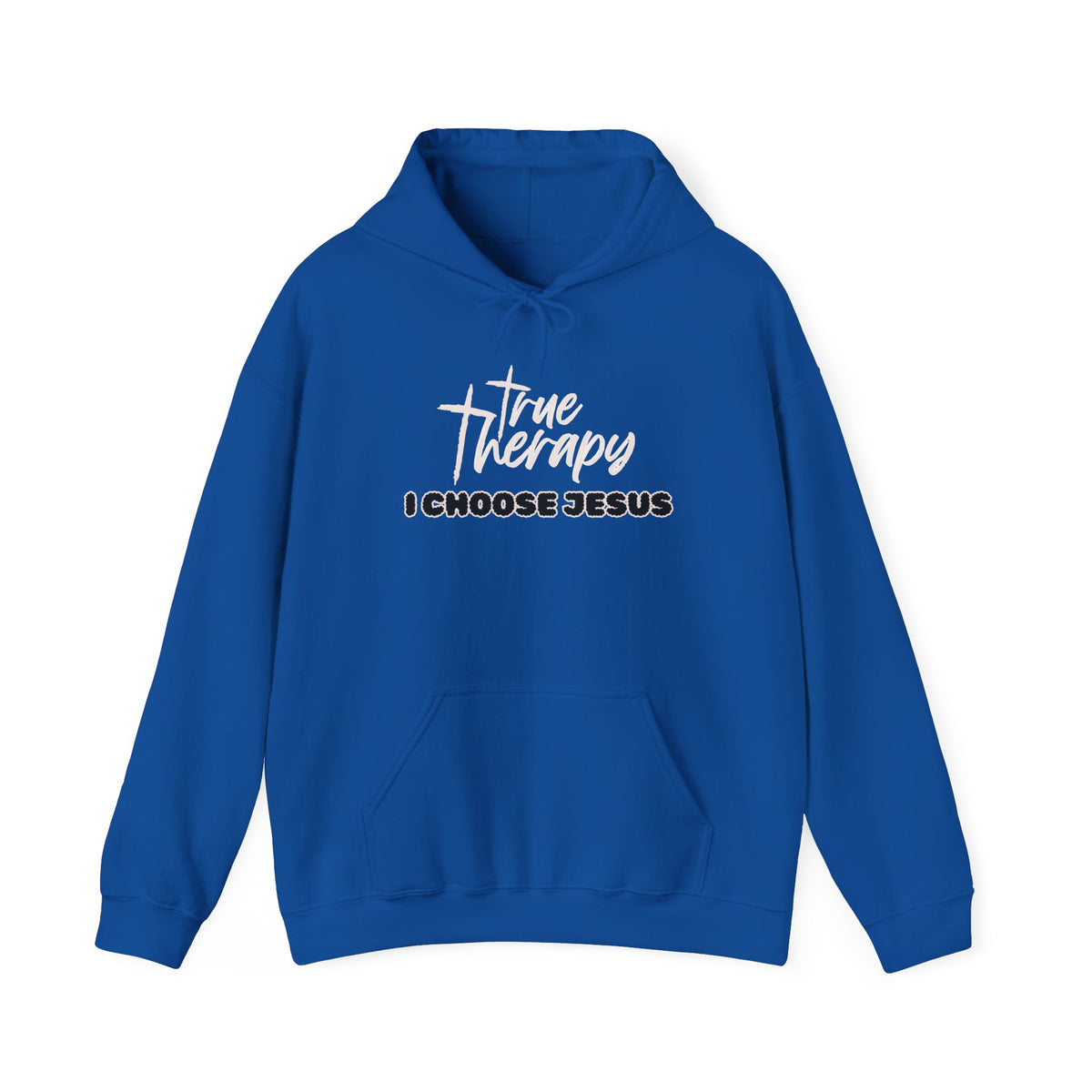 Royal blue hoodie with chest graphic logo and text "I choose Jesus"