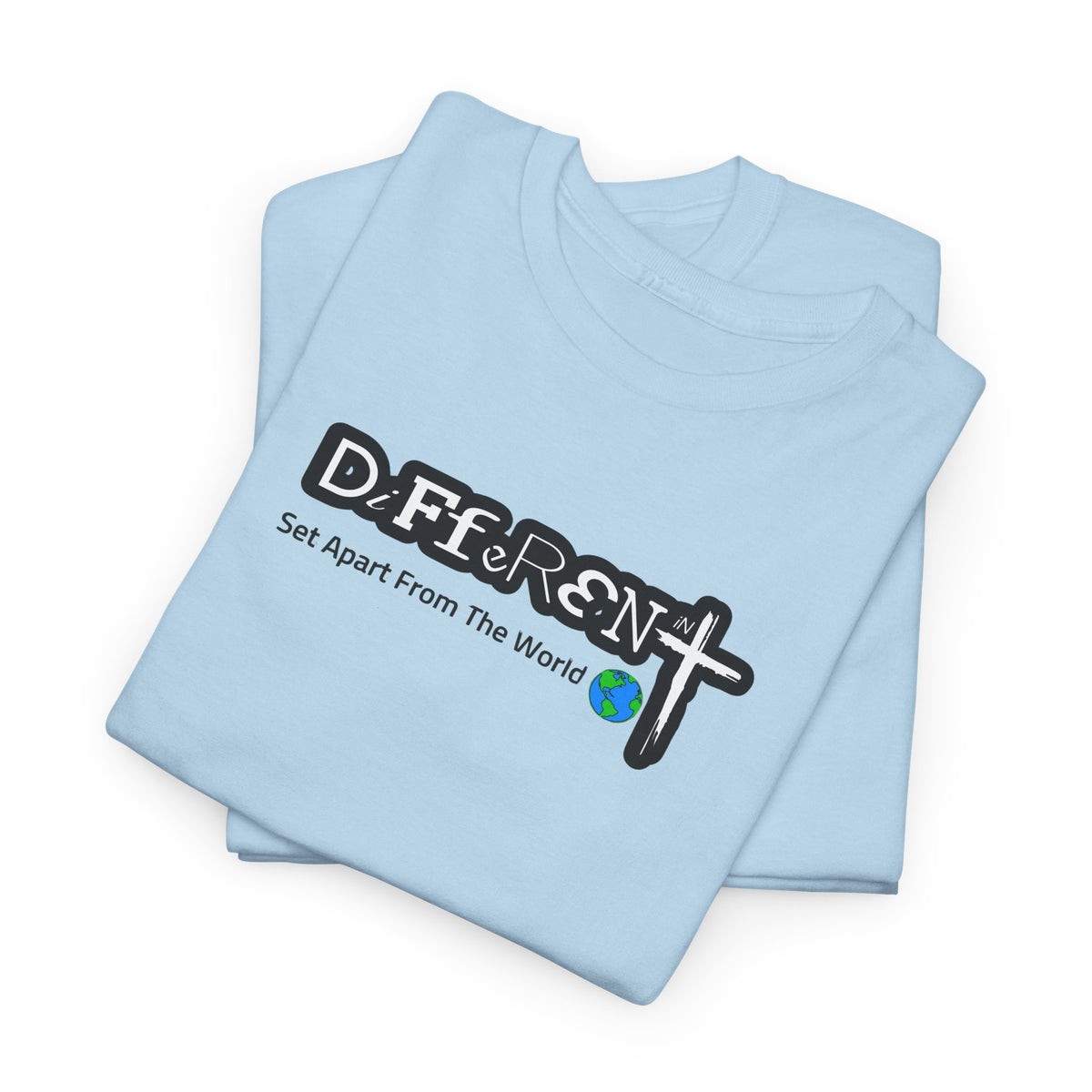 Light blue T-shirt with DiFfeR3Nt front graphic and globe icon