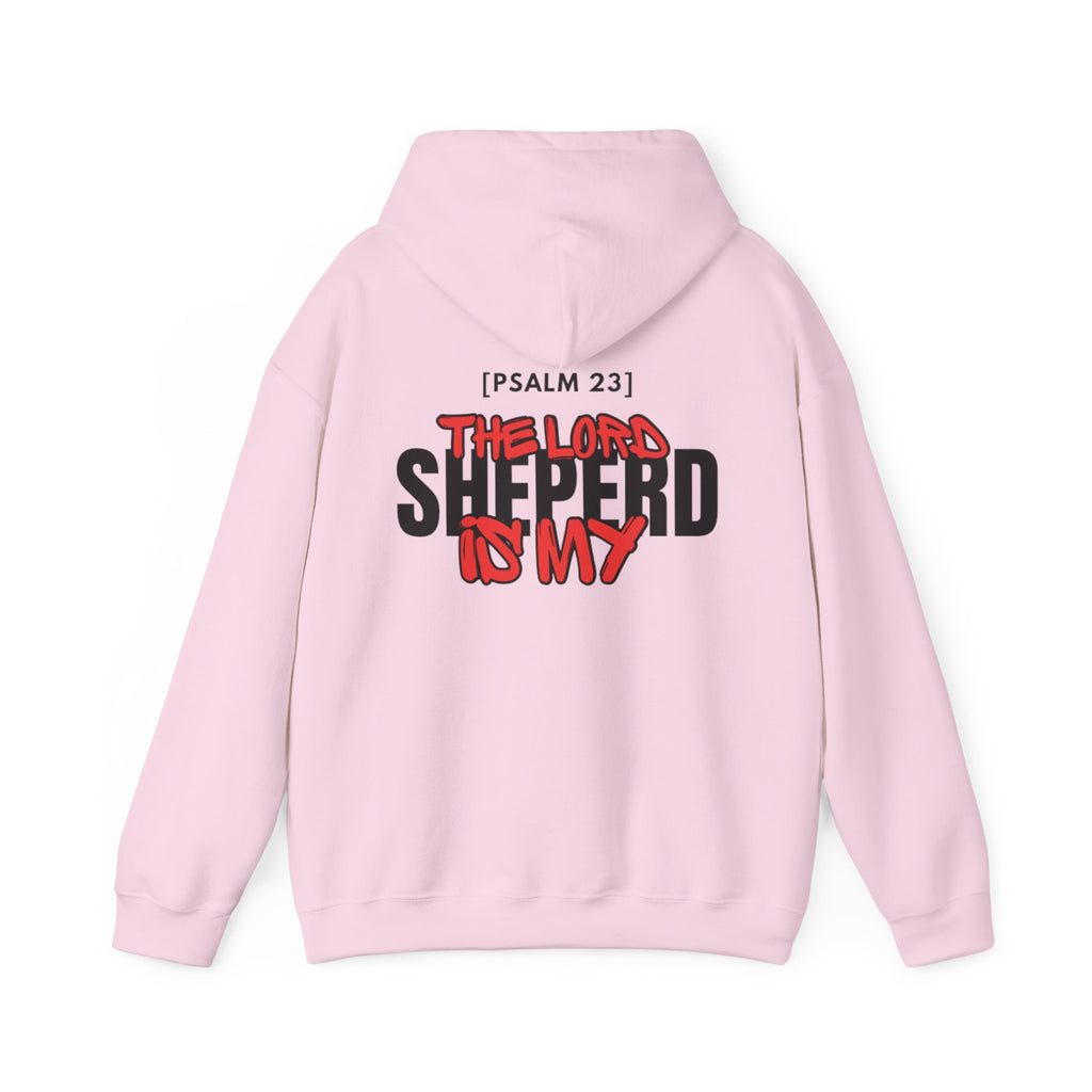 Light pink pullover hoodie with hood and printed chest graphic, back view