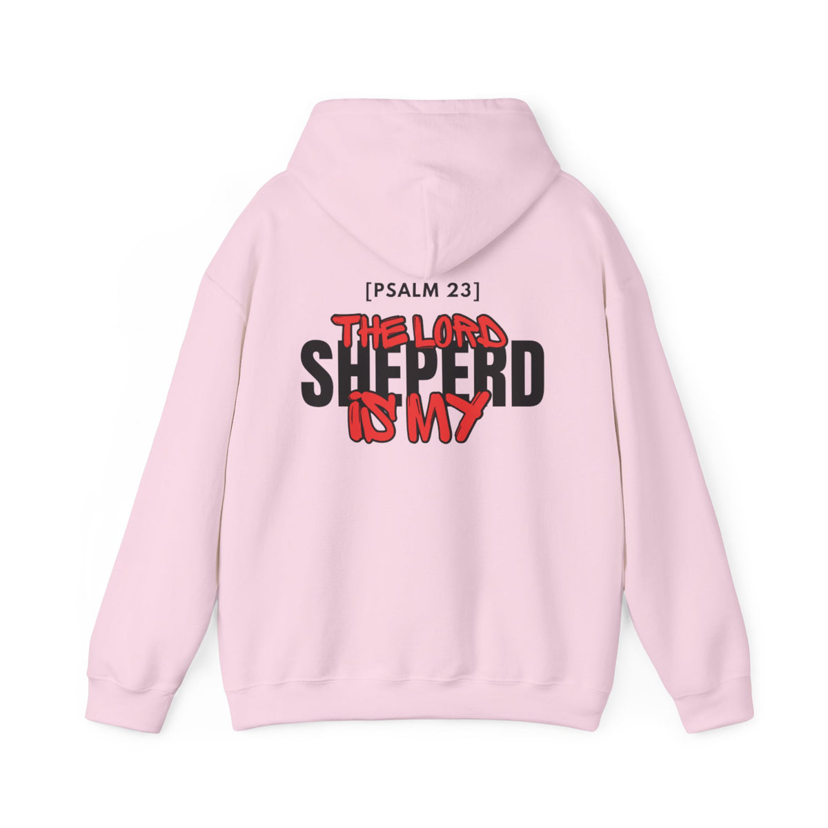 Light pink pullover hoodie with hood and printed chest graphic, back view