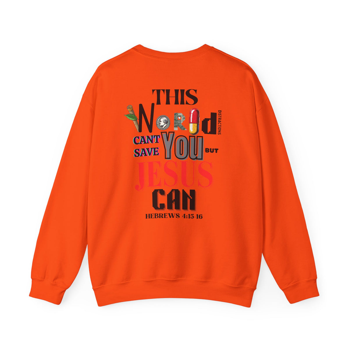 Orange crewneck sweater with large back graphic text design