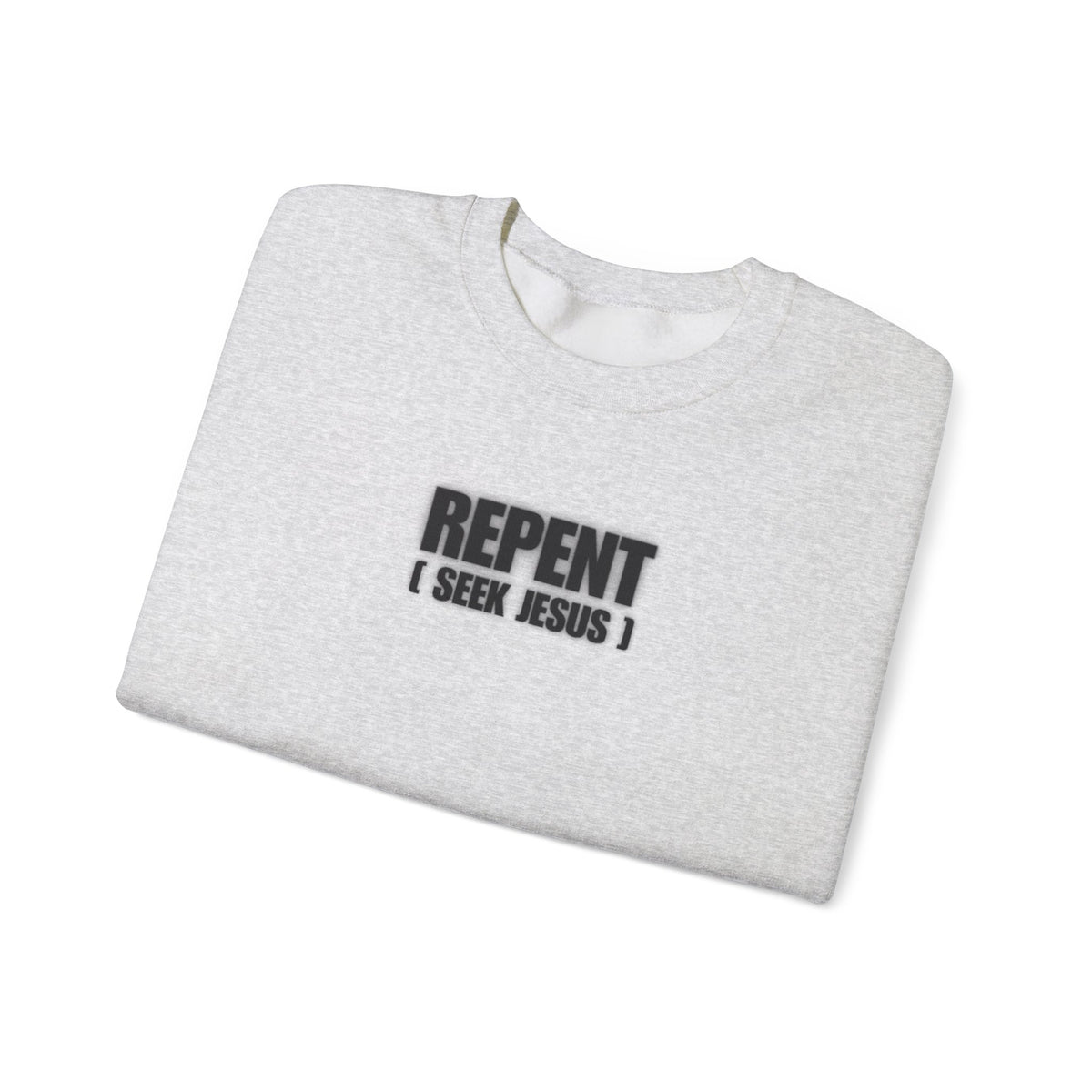 Light gray sweater with crew neck and front “REPENT I SEEK JESUS” graphic