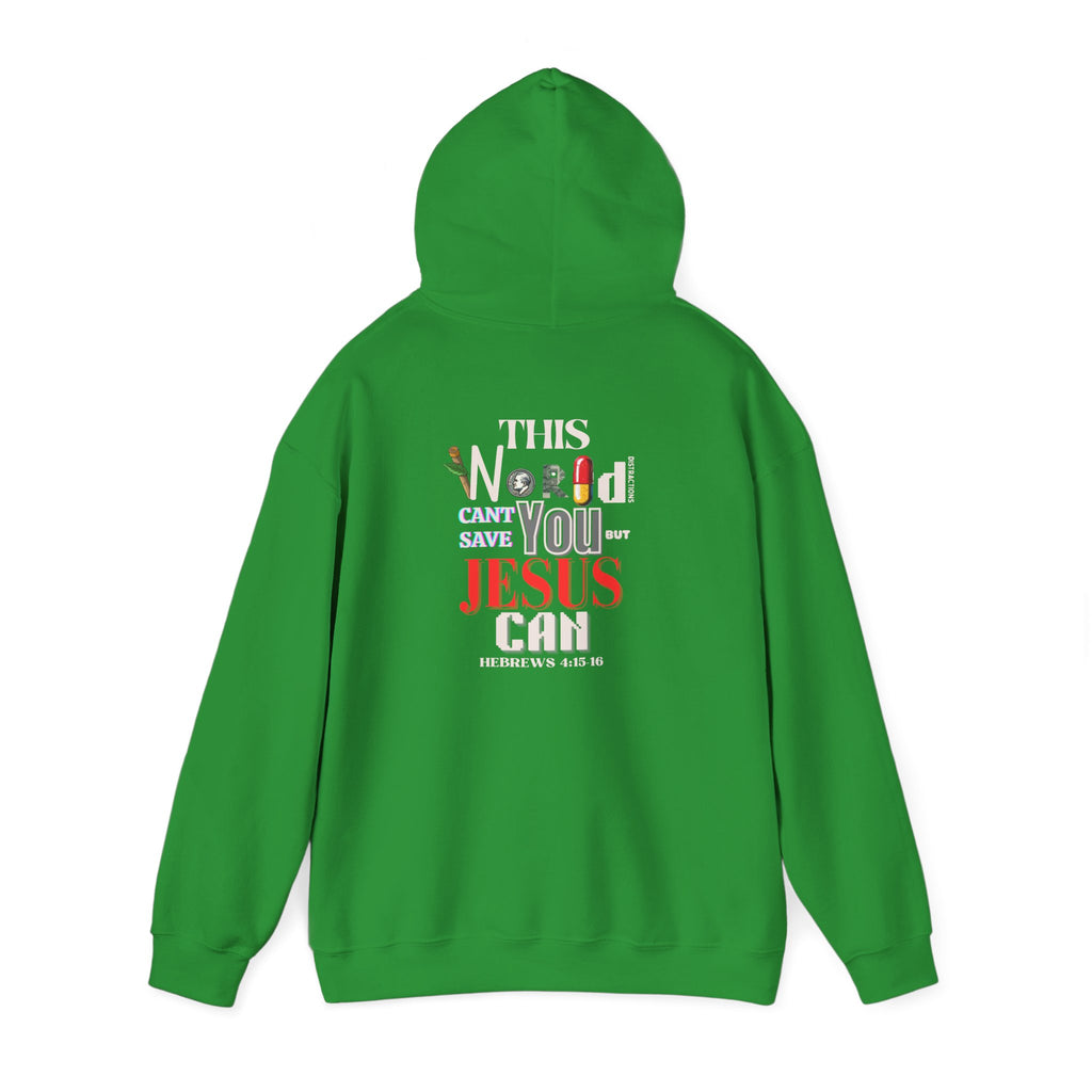 Bright green pullover hoodie with hood and “I can’t save you but Jesus” back print