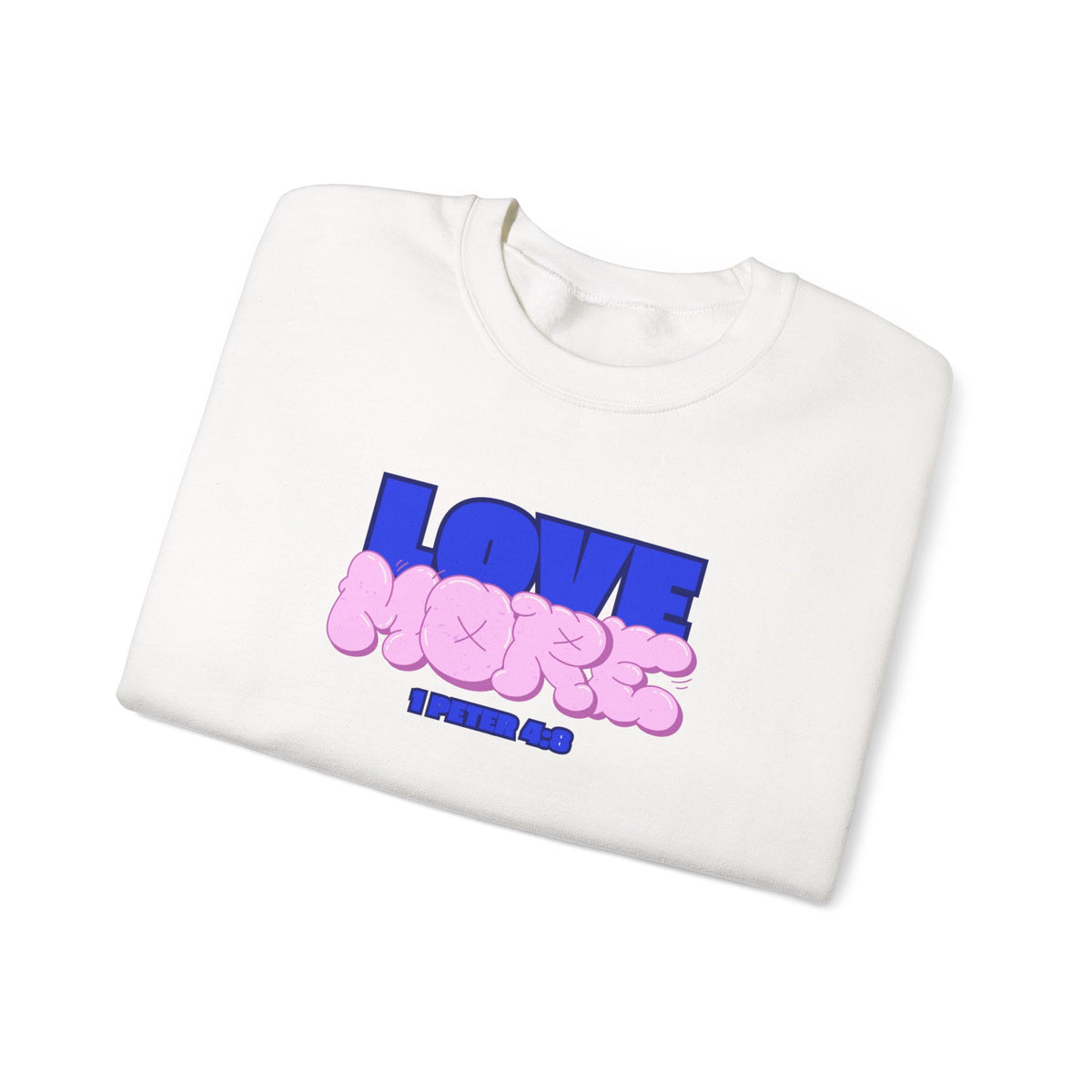 White crewneck sweater with long sleeves; pink LOVE graphic and small text on front