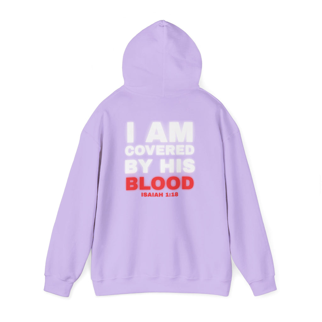 Lavender hoodie with back print text "I AM COVERED BY HIS BLOOD"