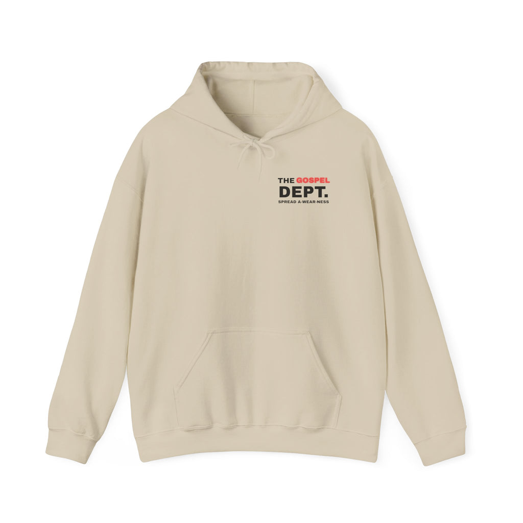Gospel Dept. hoodie, cream, front view with hood, pouch pocket, and logo print