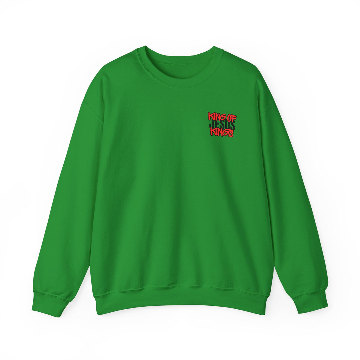 Green crewneck sweater with small red graphic on left chest