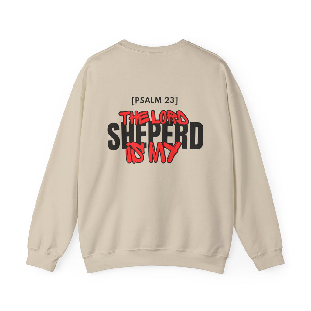 Beige crewneck sweater with large back graphic text print and red accent