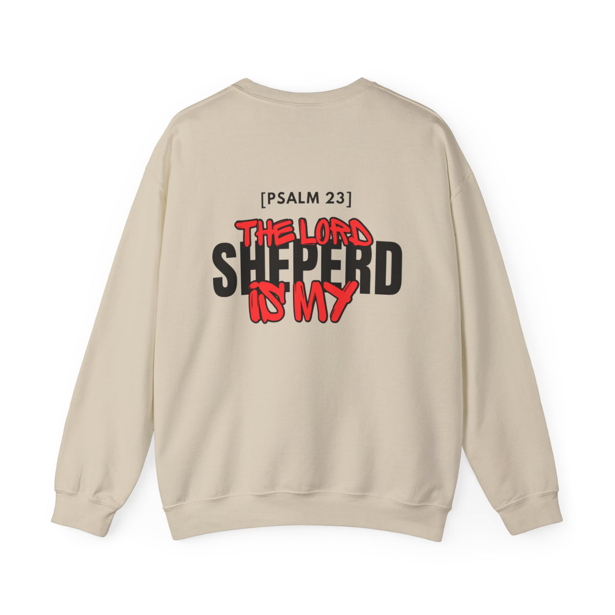 Beige crewneck sweater with large back graphic text print and red accent