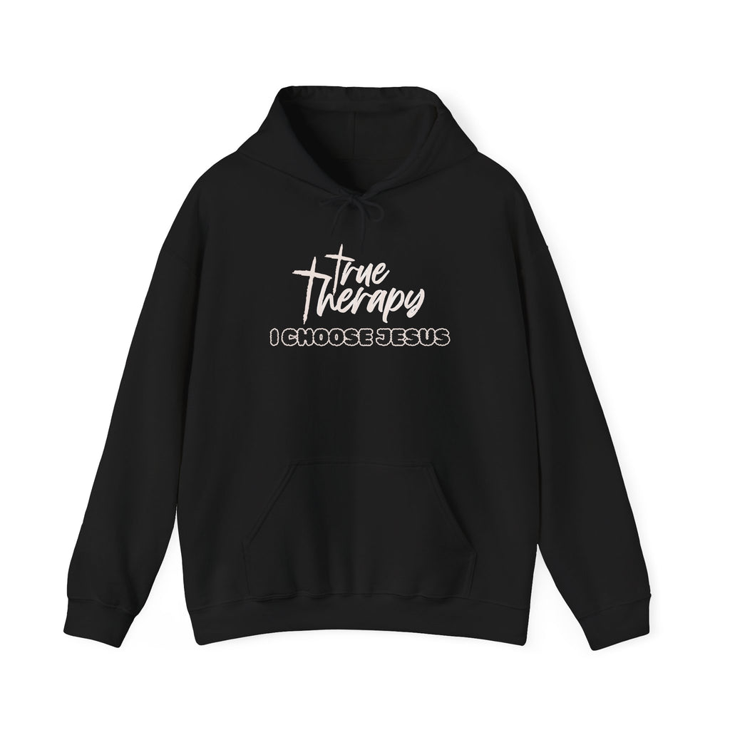 Black hoodie with chest graphic logo and text "I choose Jesus"